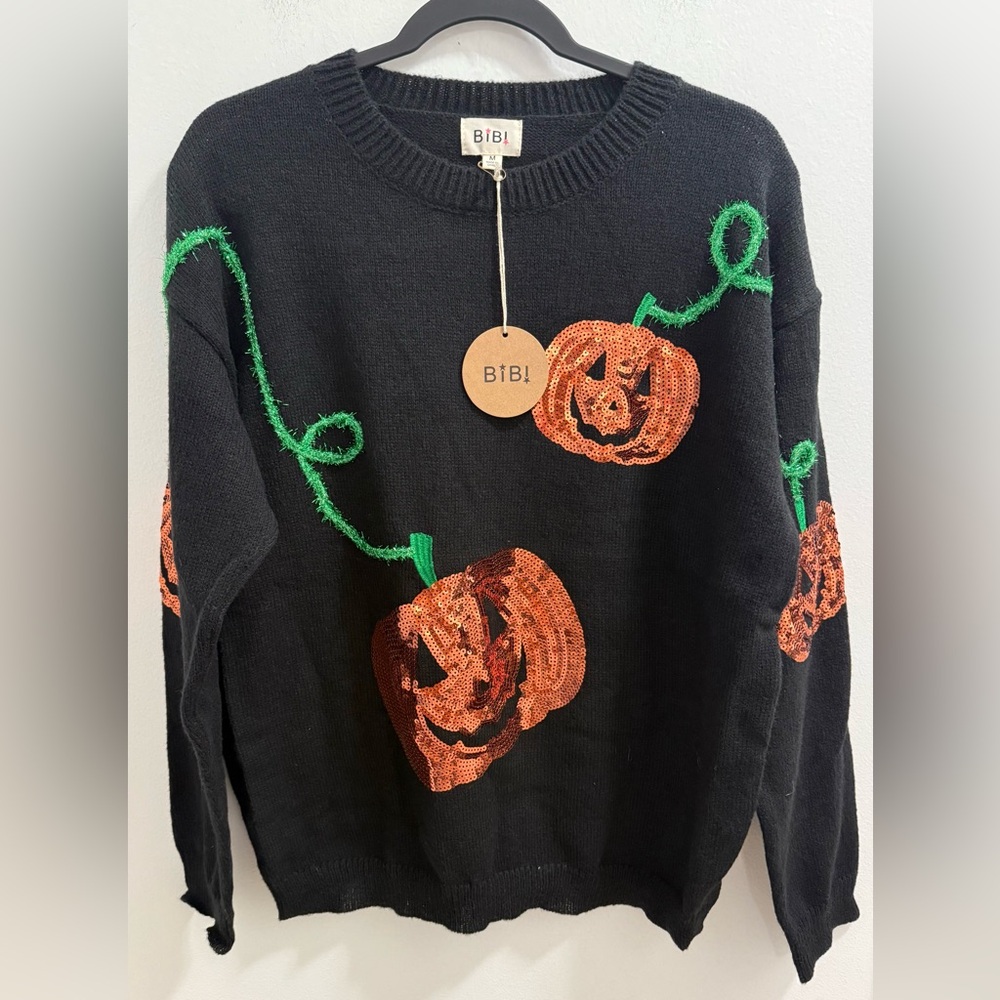 Bibi black sequin Jack o lantern tinsel stem detail Halloween sweater - Picture 1 of 2